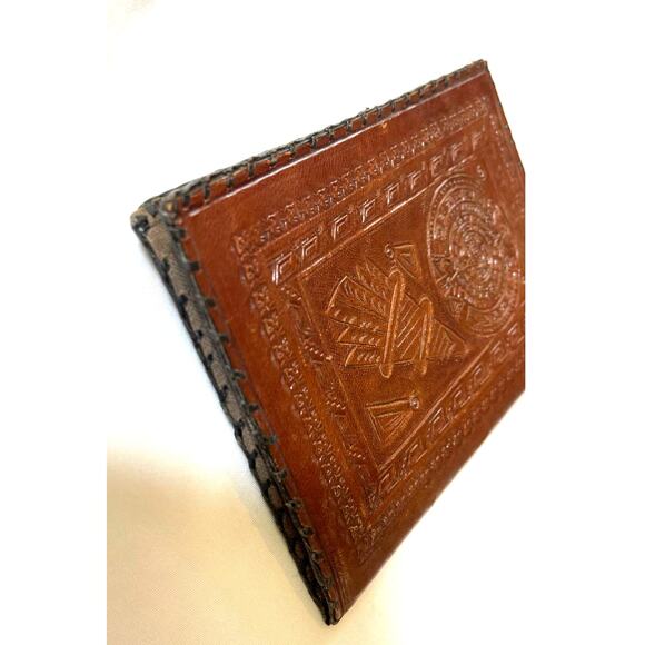 Western Wallet Genuine Leather Hand Tooled AZTEC Cowboy Rodeo Stitched Bifold - Picture 3 of 8